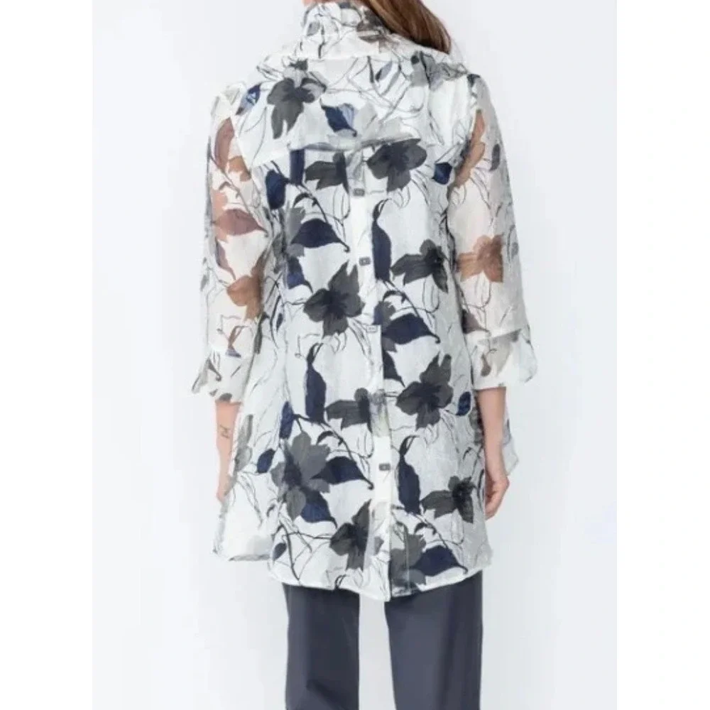 IC by Connie K Womens Burnout Floral Sheer Tunic XL Wire Ruffle Collar Lagenlook